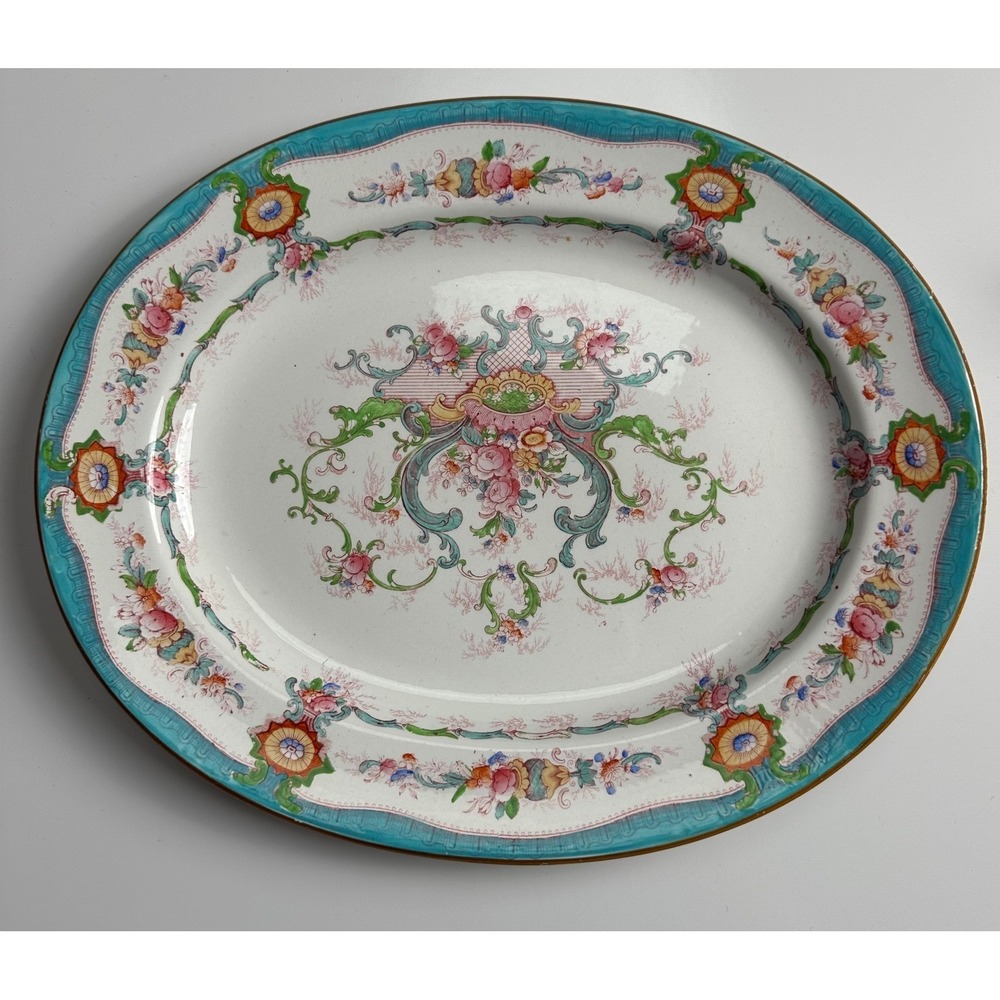 Antique Cauldon England Oval Platter Floral Turquoise Blue Gold‎ Trim 15 Inch